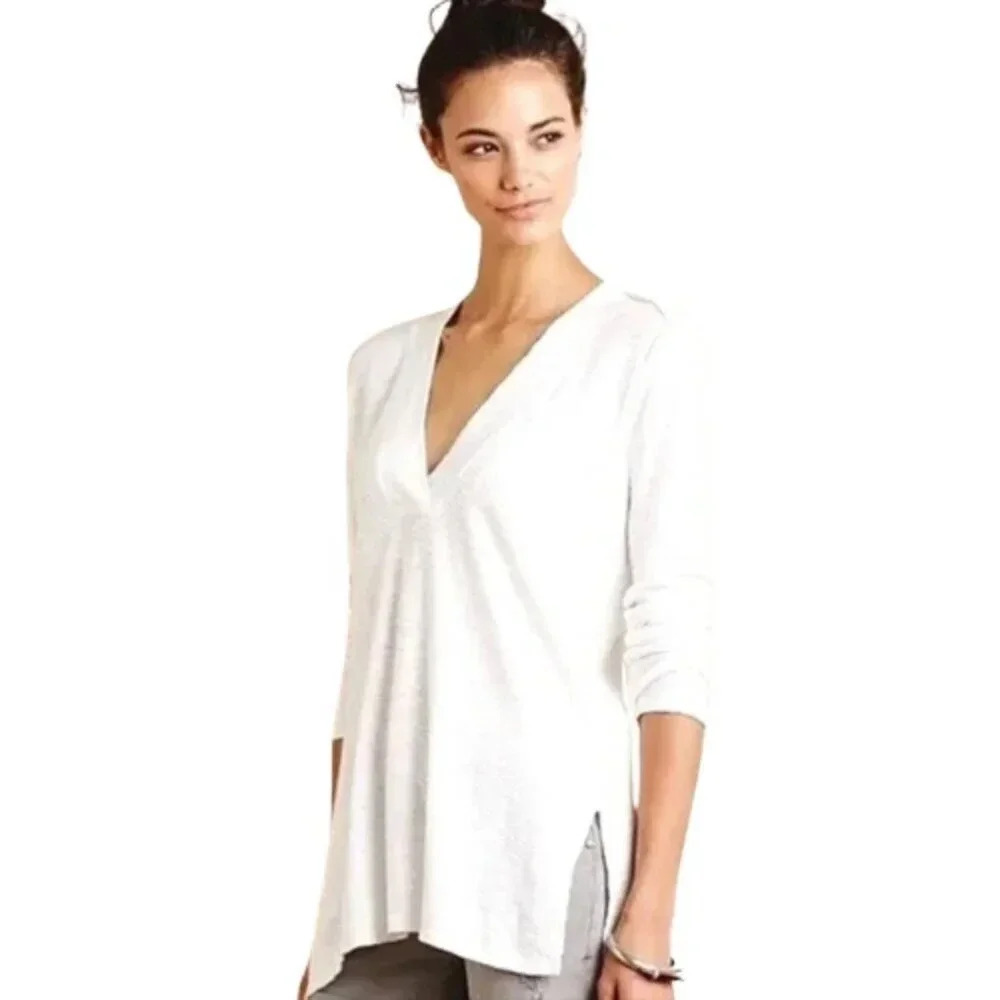 Anthropologie Womens Medium Sol Angeles Deep V-Neck  Tunic White
